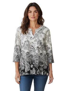 Alfred Dunner Ombre Scroll Floral Split Neck Top, Grey & White, Size PXL